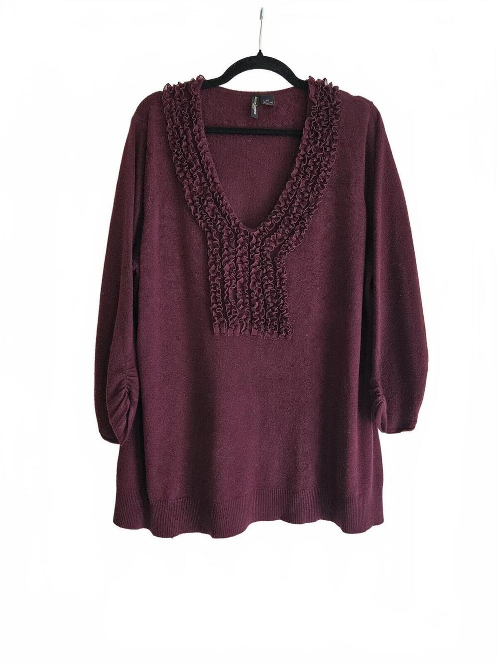 Susan Lawrence Woman 2X Burgundy Acrylic Sweater with Ruffled V-Neck